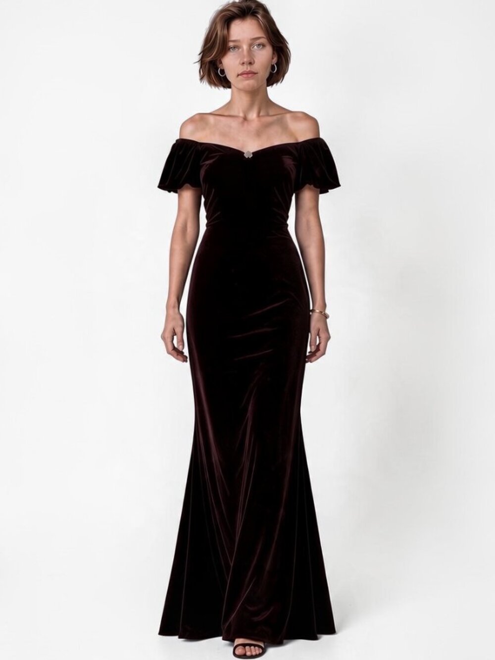 Vtg Jessica McClintock 90s Burgundy Velvet Gown Whimsigoth off-shoulder Dress 14